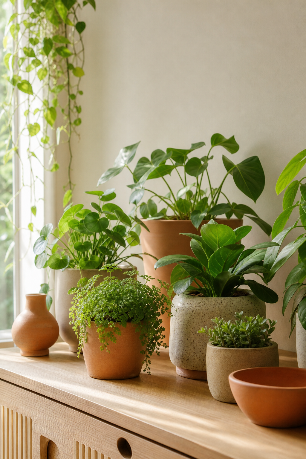 Vasos com plantas saudáveis em uma sala iluminada